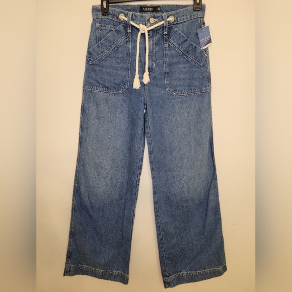 NWT Lauren Ralph Lauren Highrise Wideleg Blue Baggie Jeans Rope Drawstring Sz 6 - Picture 10 of 13